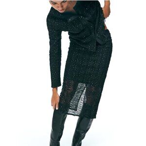 Zara Mixed Metallic Textured Organza Scallop Thread Midi Skirt Size L NWT